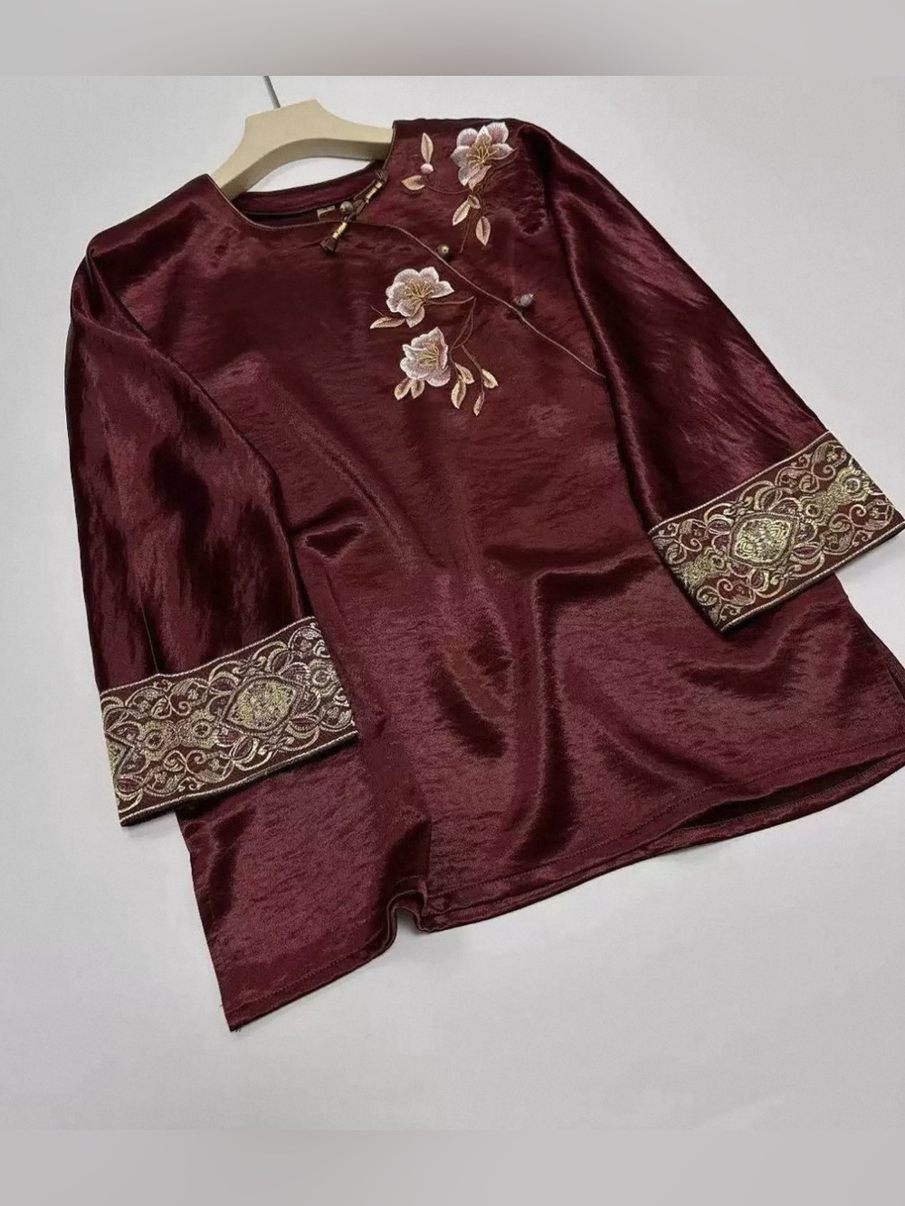 Embroidered Satin Blouse in Wine Red - Classic Women's Tunic